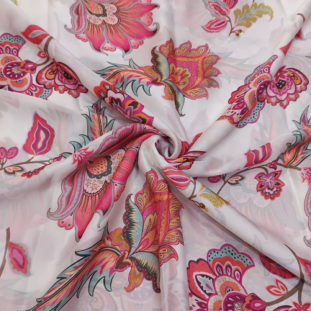 White & Pink Floral Print on Satin Georgette PK 1520