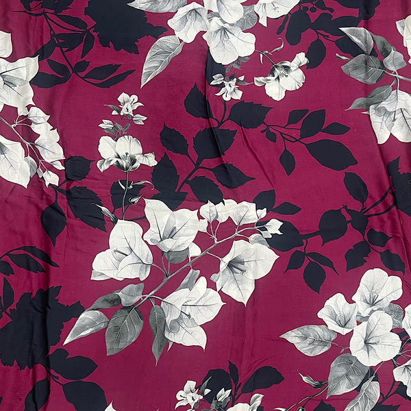 Aza New Floral Print with Magenta Base with White Gray & Black Floral on Pure Modal Satin