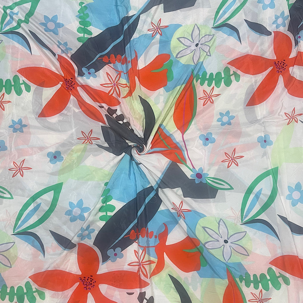 White Abstract Floral Print on Satin Georgette Fabric OM TS 12