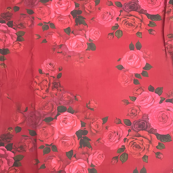 Floral Print with Red Color Base on Satin Linen