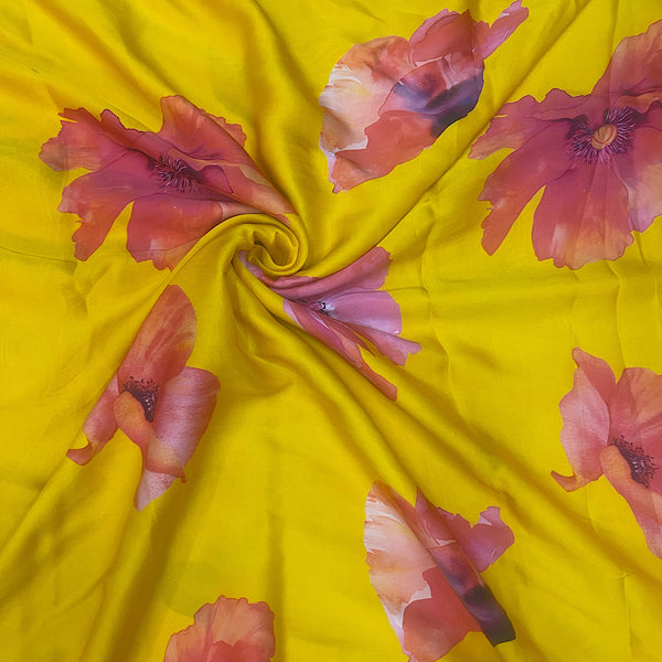 Yellow with Red & Light Gold with Red Big Floral Print on Pure Viscose Modal Satin