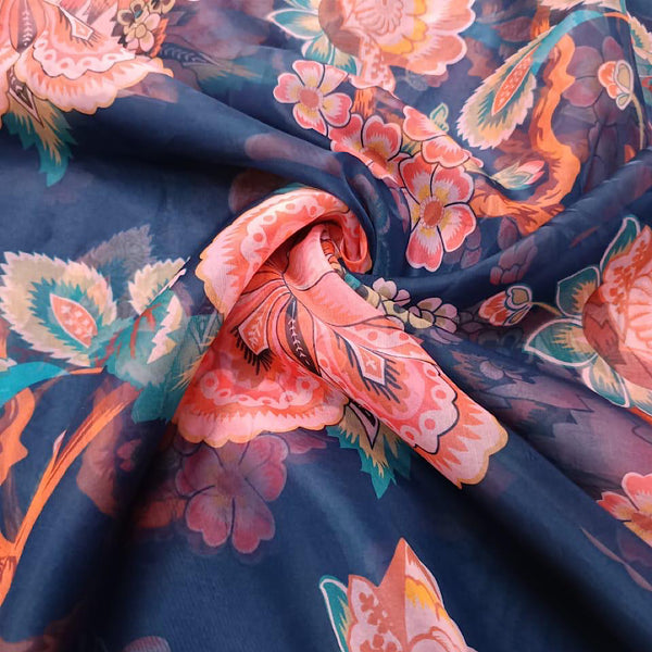 Navy Blue Big Floral Print on Soft Organza & Georgette OM PS 27