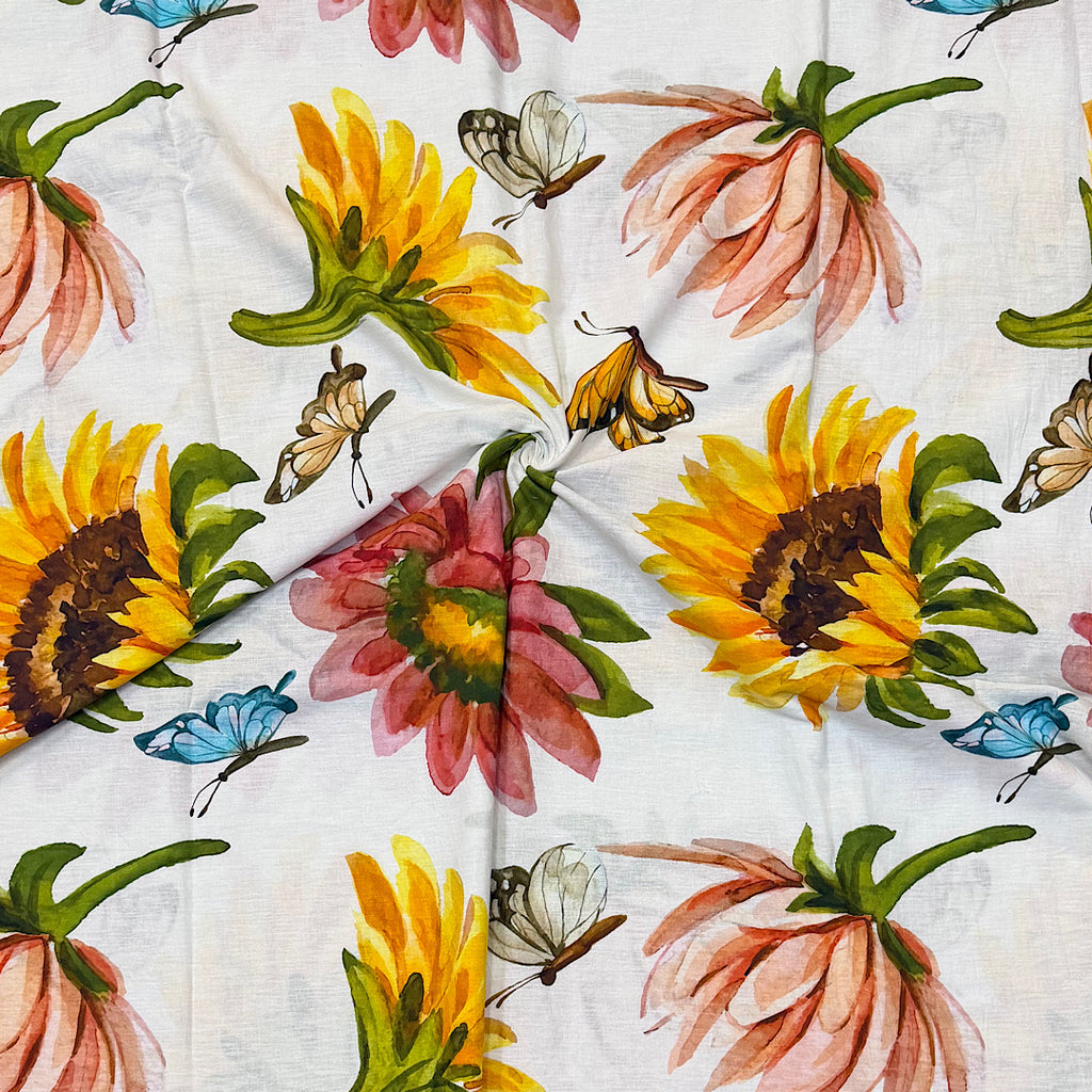 Big Size SunFlower Ivory White Floral Print on Pure Linen Cotton OM SG 117