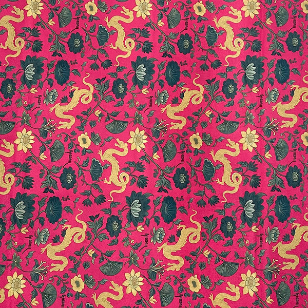 Kareena Dragon Flower Print with Pink Color Base on Pure Natural Crepe