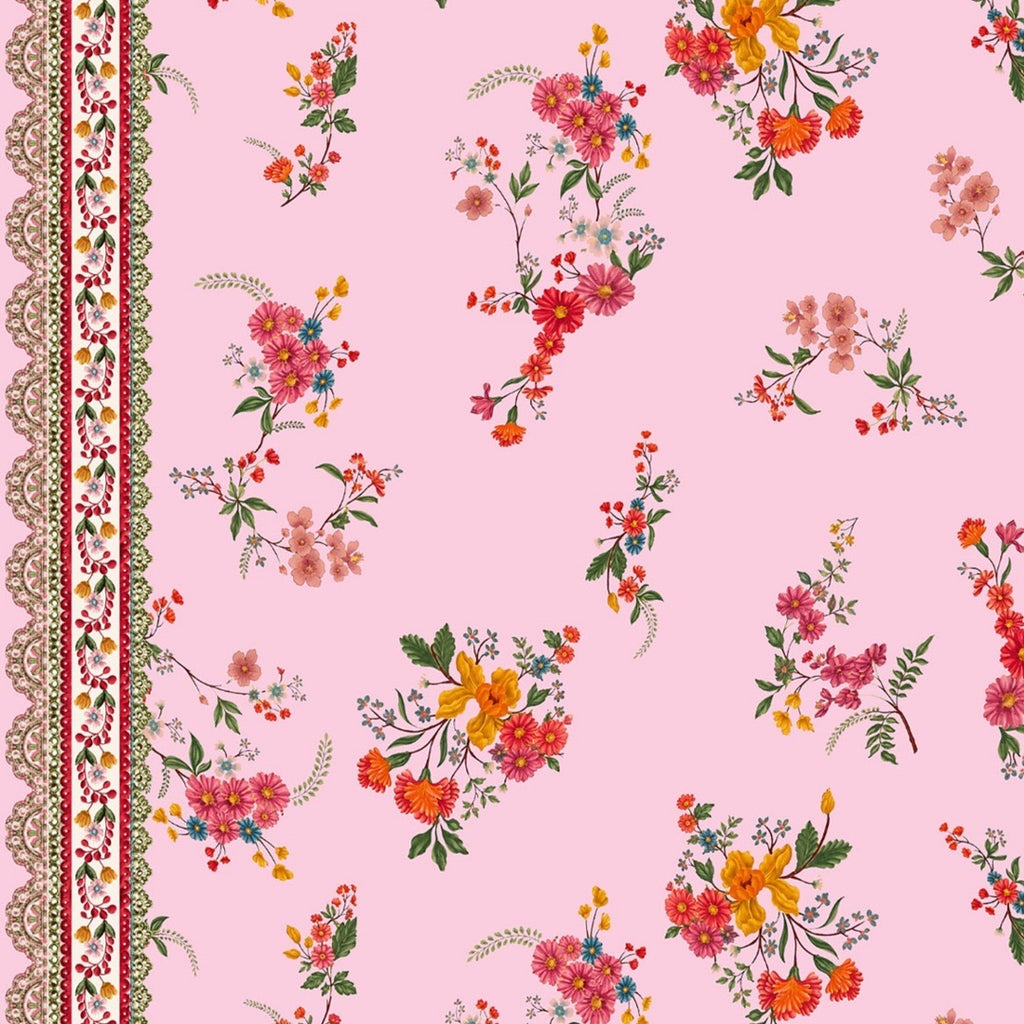 Traditional Floral Lace Border with Base Soft Pink color Print on Pure Cotton Poplin OM SG 255