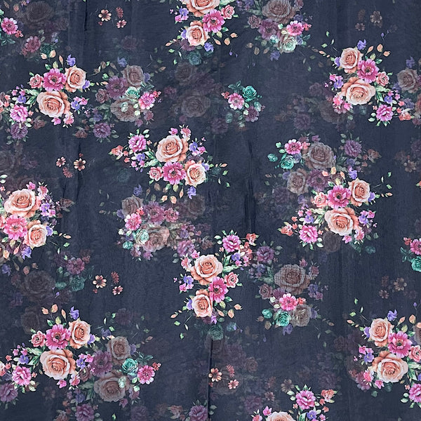 Black Color Floral Bunch Print on Soft Organza