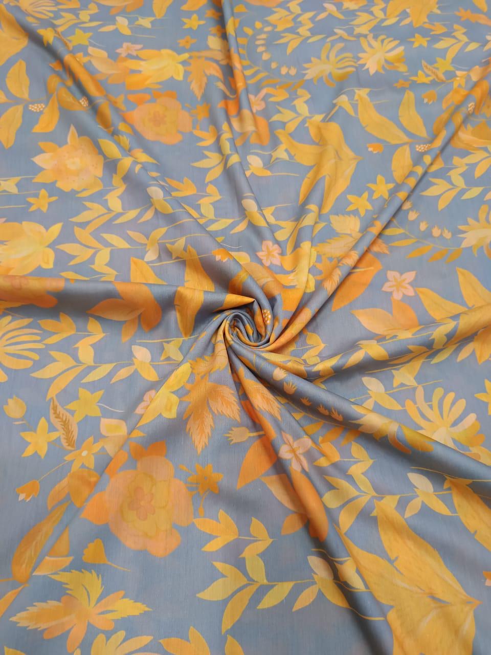 Grey & Yellow Small Floral Print on Satin Linen OM SG 73