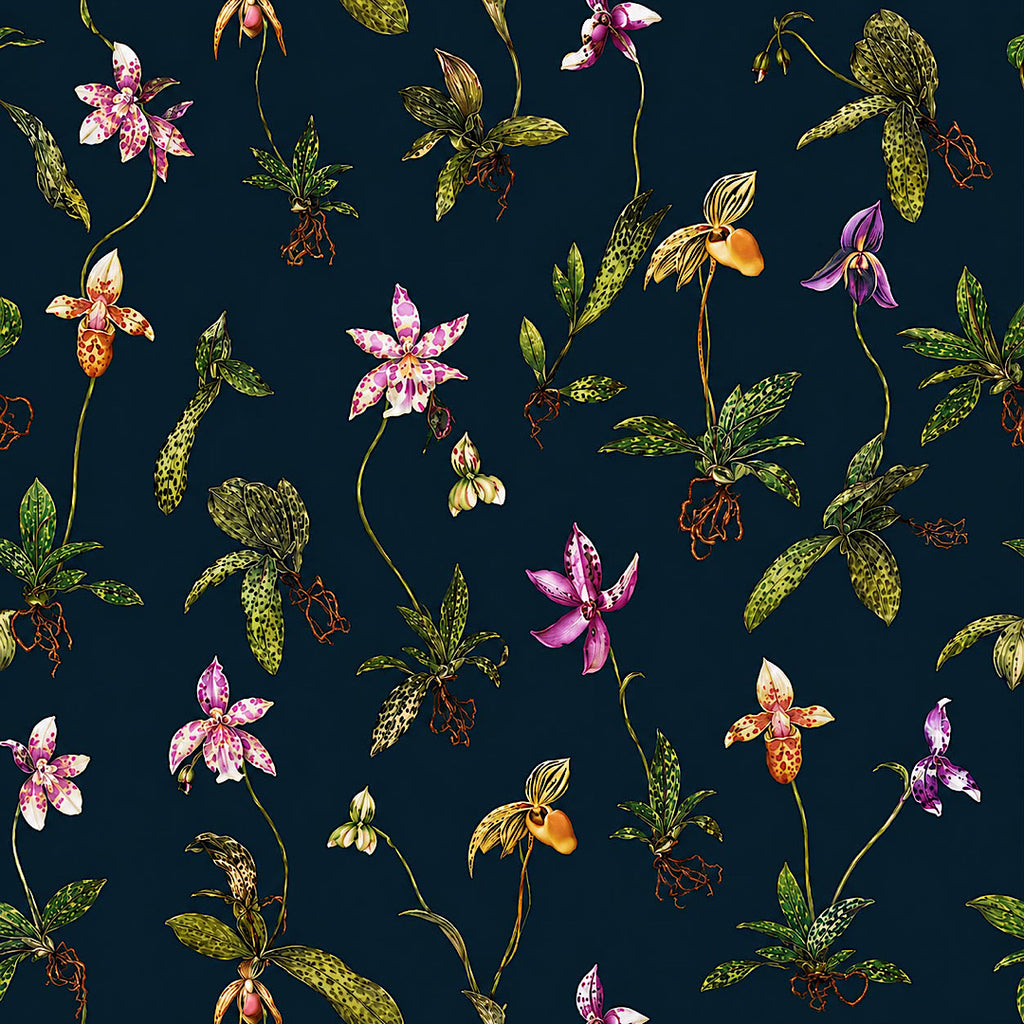 English Floral Print with Midnight Blue Base on Pure Cotton Poplin Fabric OM TK 192 C1