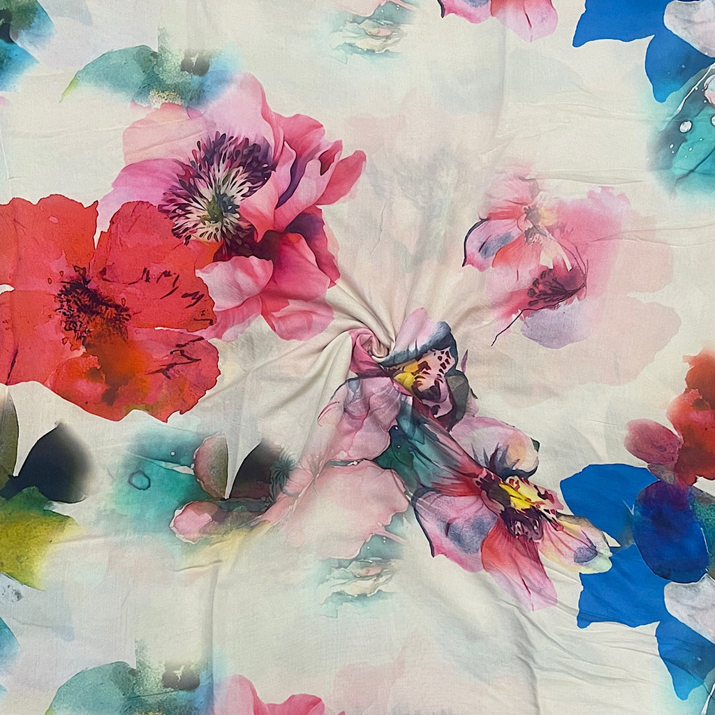 Yam Ivory Big Floral Print on Pure Viscose Muslin Fabric