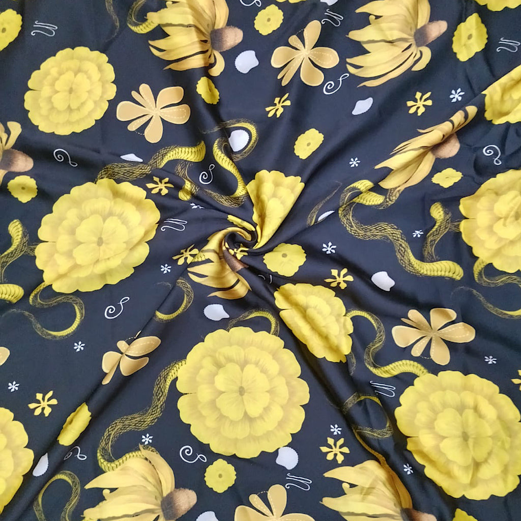 Shivan Yellow Floral & Snake Print in Black Color on Armani Satin Fabric