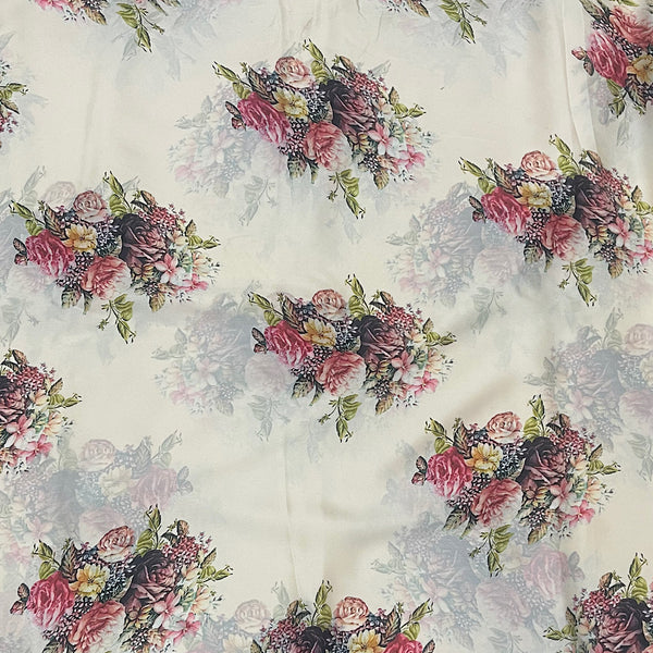 Sabya Big Floral Bunch on Ivory White Base in Satin Georgette Fabric OM RJ 347