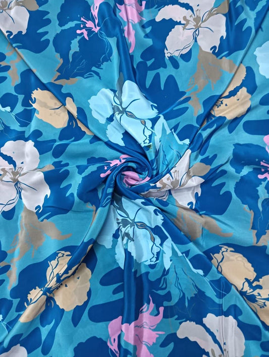 Blue English Floral Print on Pure Natural Crepe TK 354