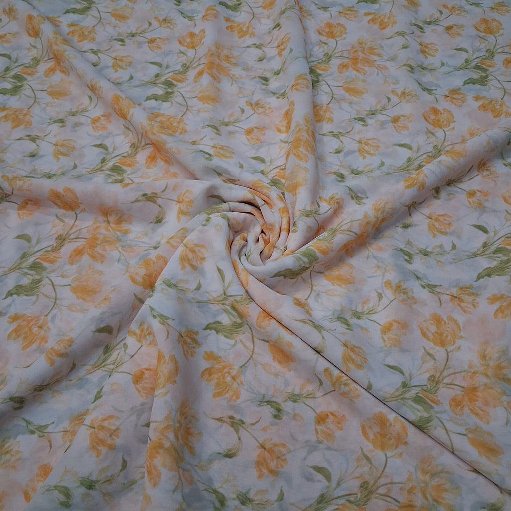 Small Yellow Floral Print with White Base on Georgette Pooja OM PS 327