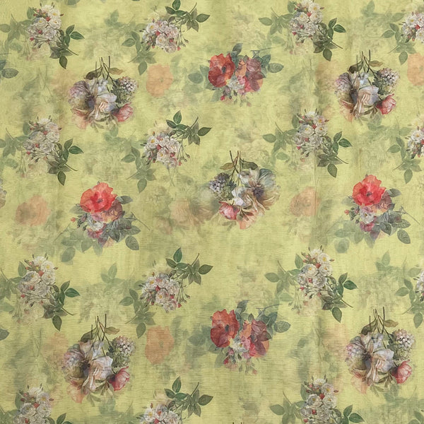 Lemon Yellow Small Floral Bunch Print on Soft Organza