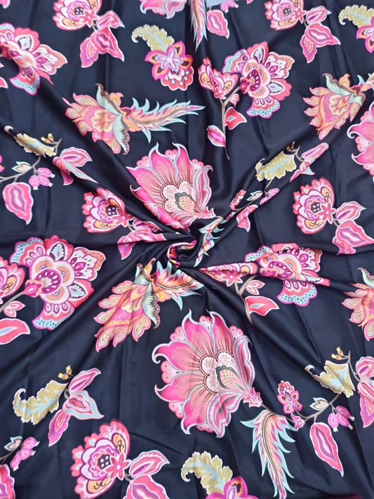 Black & Pink Floral Print on Pure Modal Satin PK 1520