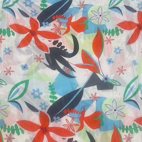 White Abstract Floral Print on Satin Georgette Fabric OM TS 12