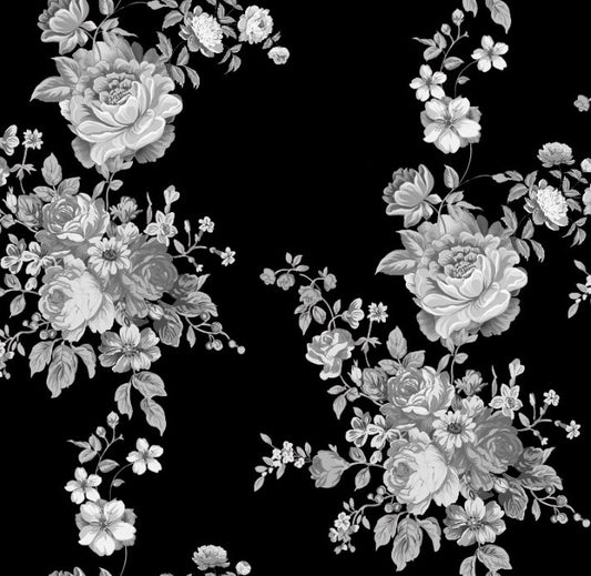 Black & Gray Floral Print on Pure Natural Crepe OM SG 132