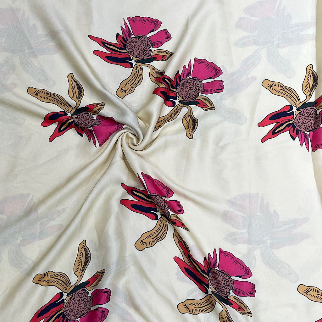 Sabya Print with Lemon Yellow Base & Pink Floral Design on Pure Modal Satin