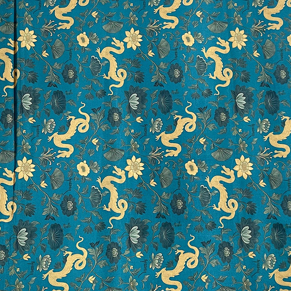 Kareena Dragon Flower Print with Teal Blue Color Base on Pure Natural Crepe
