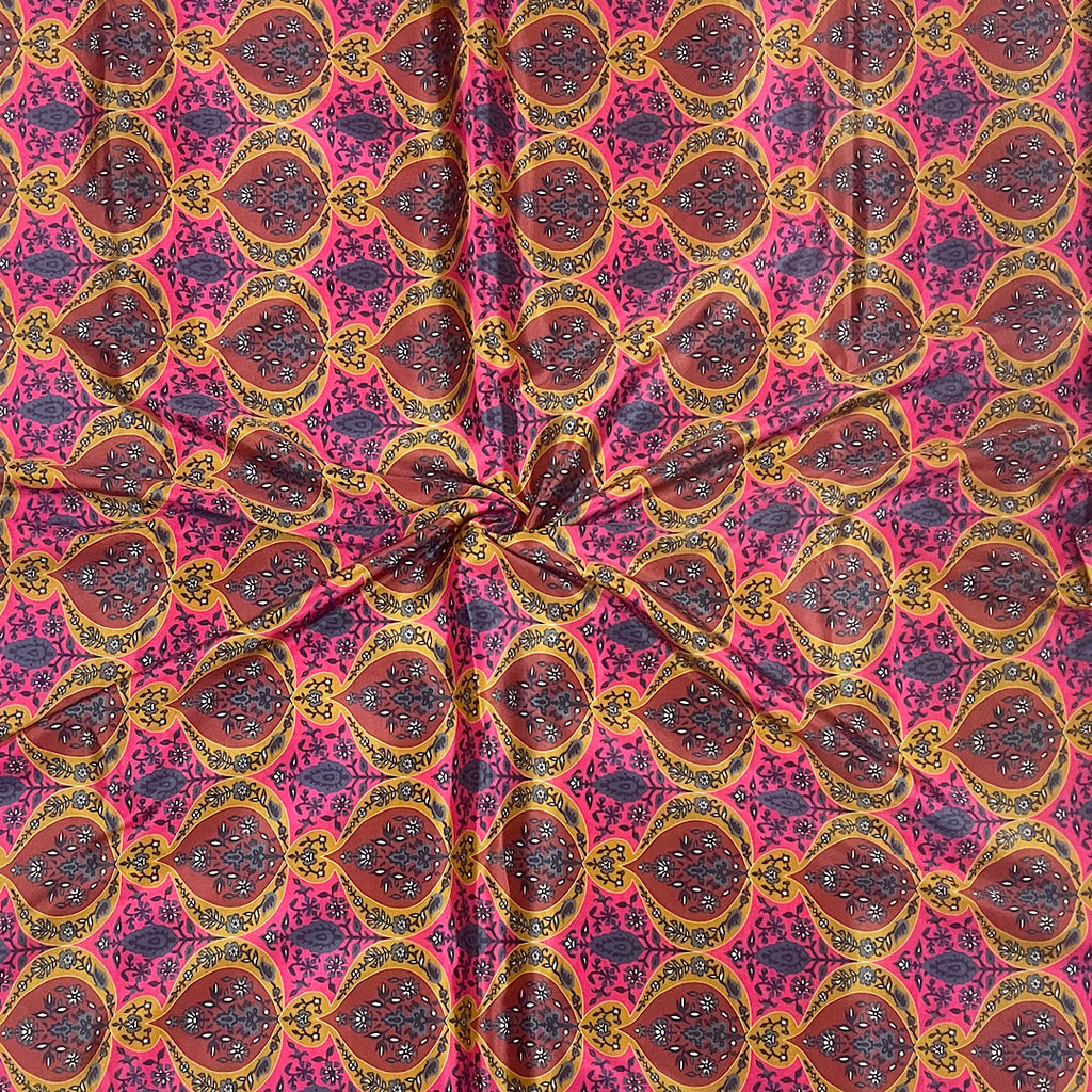 Small Classical Print in Crepe Silk in with Pink Base & Brown & Mustard Motive