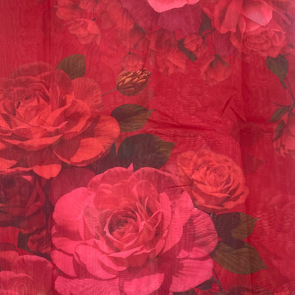 Big Floral Print with Red Color Base on Tabby Silk