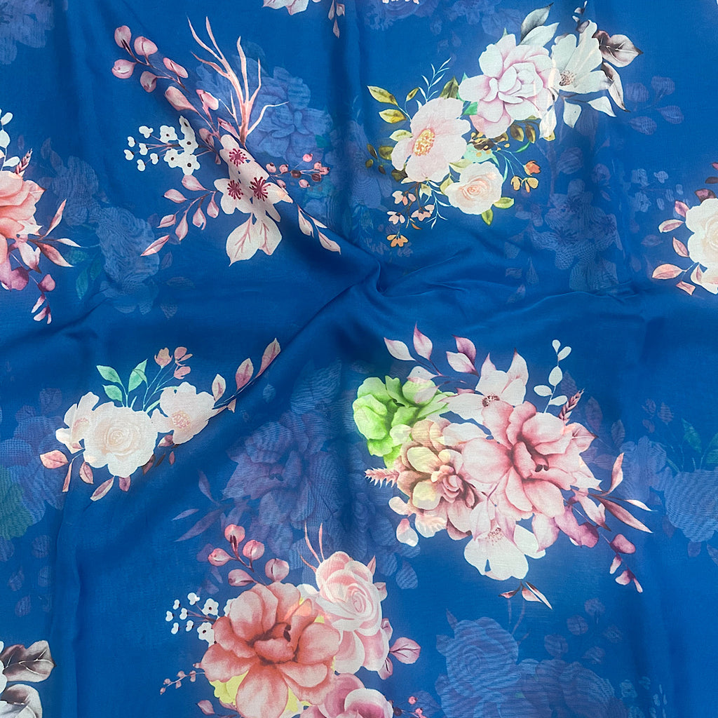 Rimple Blue Floral Print on Pure Viscose Organza