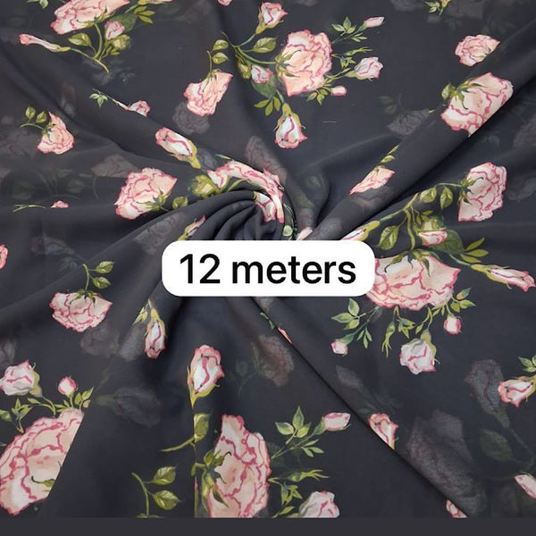 Rose Flower Print on Black Base on Georgette Fabric OM SG 186