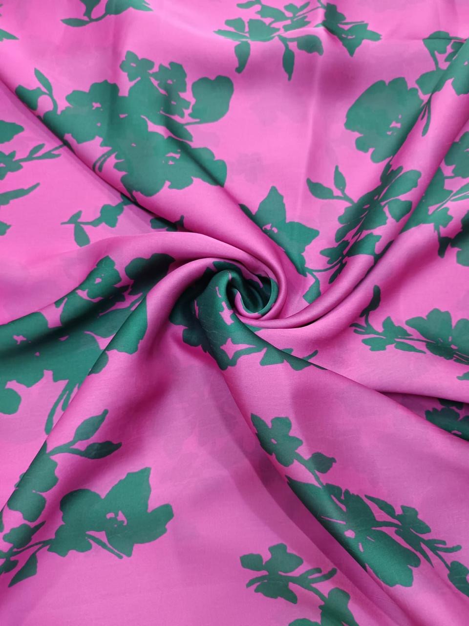 Pink with Green English Floral Print on Satin Georgette PK 1524