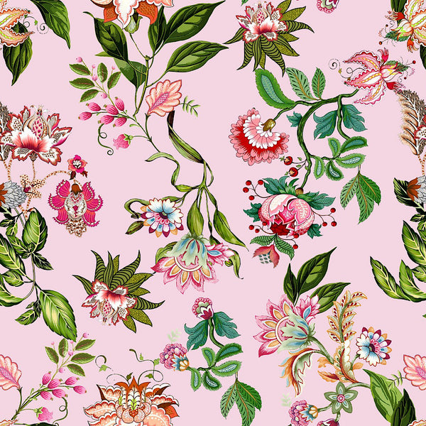 Mahima Floral Print Light Pink Base with Pink & Green Flowers & Leaves on Georgette Fabric