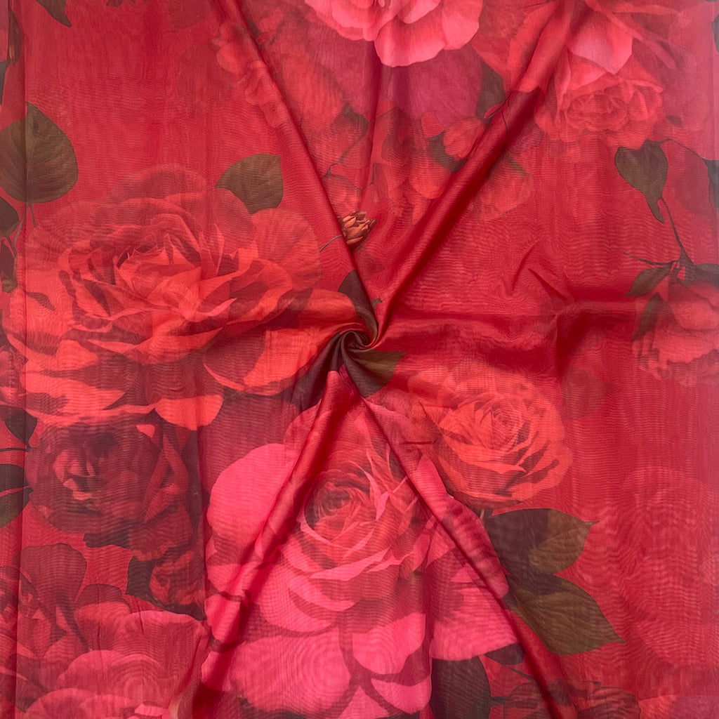 Big Floral Print with Red Color Base on Tabby Silk