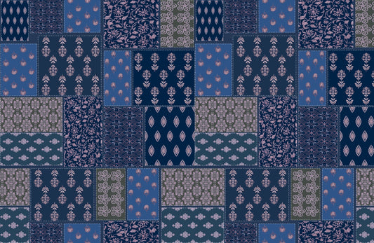 Indigo Blue Colour Traditional Boxes Print on Satin Georgette OM DW 62