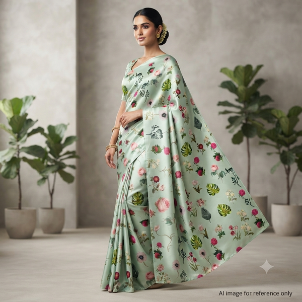 Multi Colour & Motives Botanical Rose Floral Print with Pista Green Base on Pure Modal Satin OM JM 56 C2