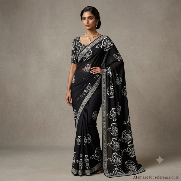 Daaman style Print with White Floral & Black Base on Satin Georgette Fabric OM SS 827