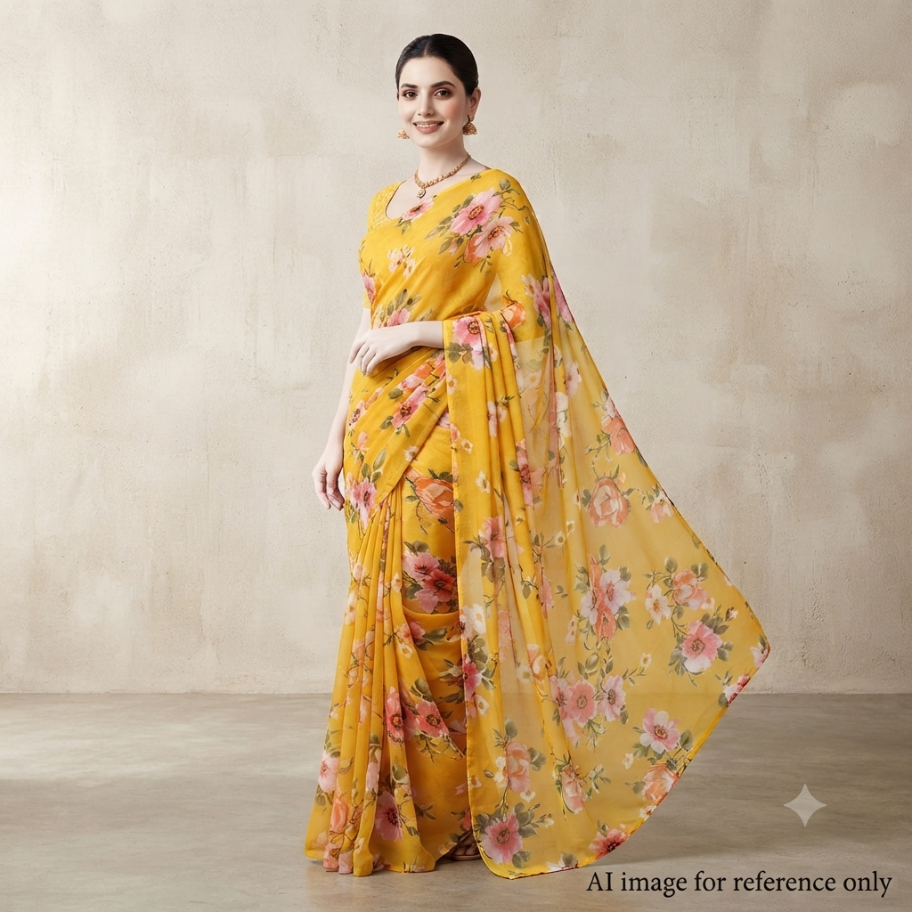 Floral Print in Yellow Base on Georgette Fabric OM 224