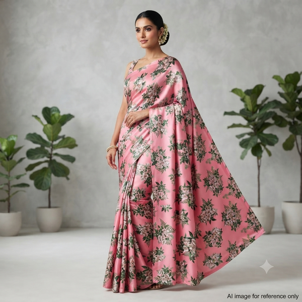 Sabya Dual Colour White Floral Bunch Print on Light Pink Base on Organza Fabric OM PK 249