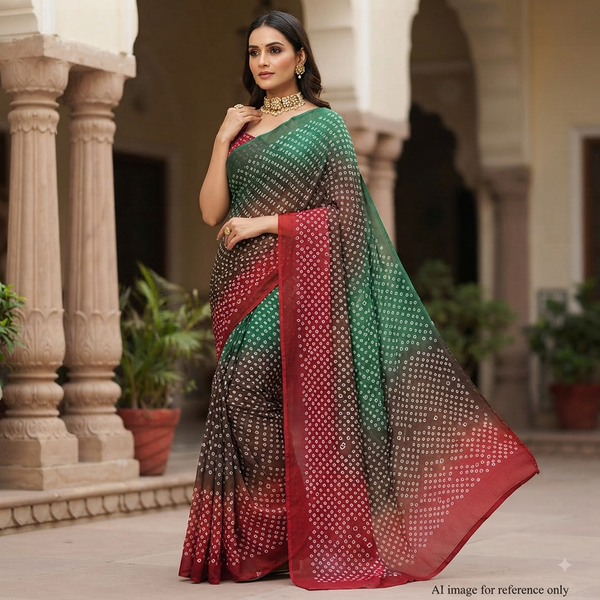 Alia Red to Green Bandhani Ombre Print on Satin Georgette OM PK 1223