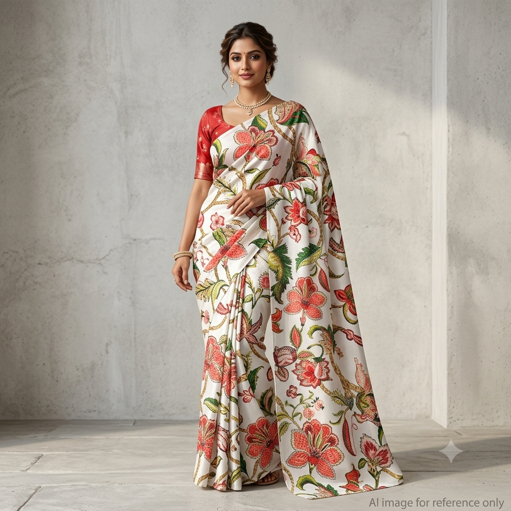 Radhika Traditional Print with White Base & Red Flower & Green Leaves OM PK 1399