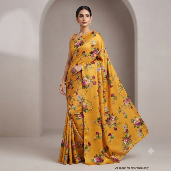 Mustard Yellow Floral Print with Rose on Glossy Organza Fabric OM RJ 241