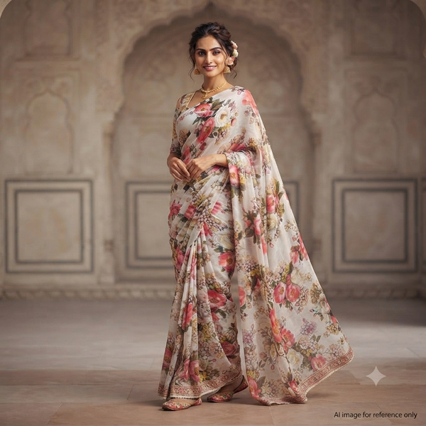 Sabya Big Floral Print in Yellow Base with Multi Floral Print on Pure Viscose Muslin & Satin Georgette OM SS 401