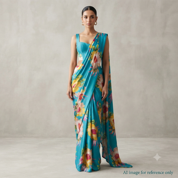 Blue Big Multi Colour Floral Print on Satin Georgette OM SG 13 C6