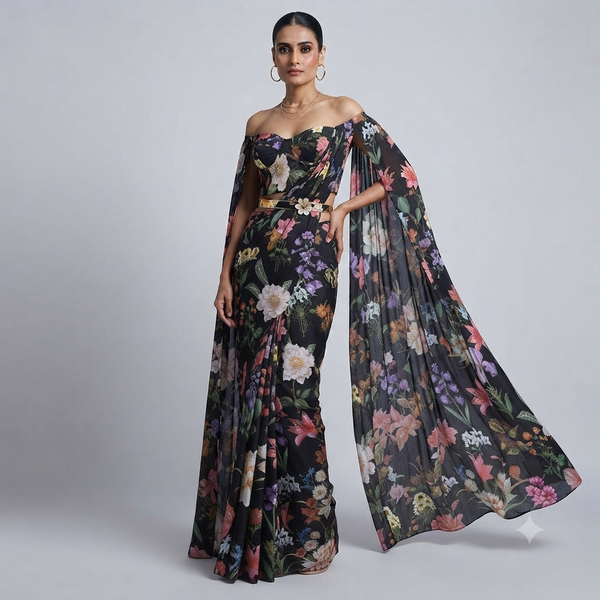Raina’s Botanical Floral Design with Black Base Colour Satin Georgette OM SG 240 C6