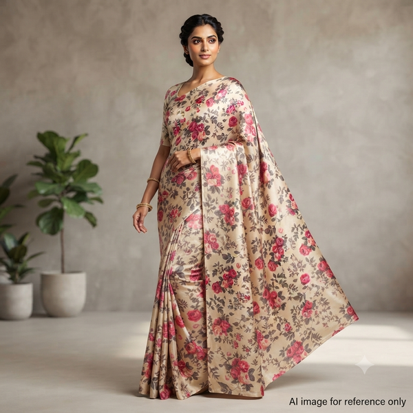 Small Floral Print with Cream Base & Peach Floral Pooja OM PS 341