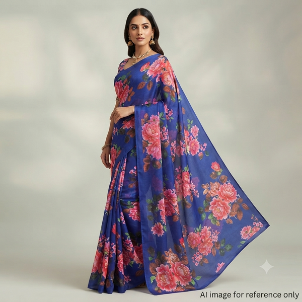Royal Blue Floral Print on Satin Georgette
