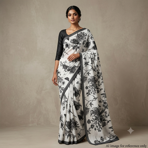 Dual Colour Print with White Base & Black Grey Flowers/Leaves & Birds OM TK 97