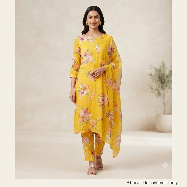Floral Print in Yellow Base on Georgette Fabric OM 224