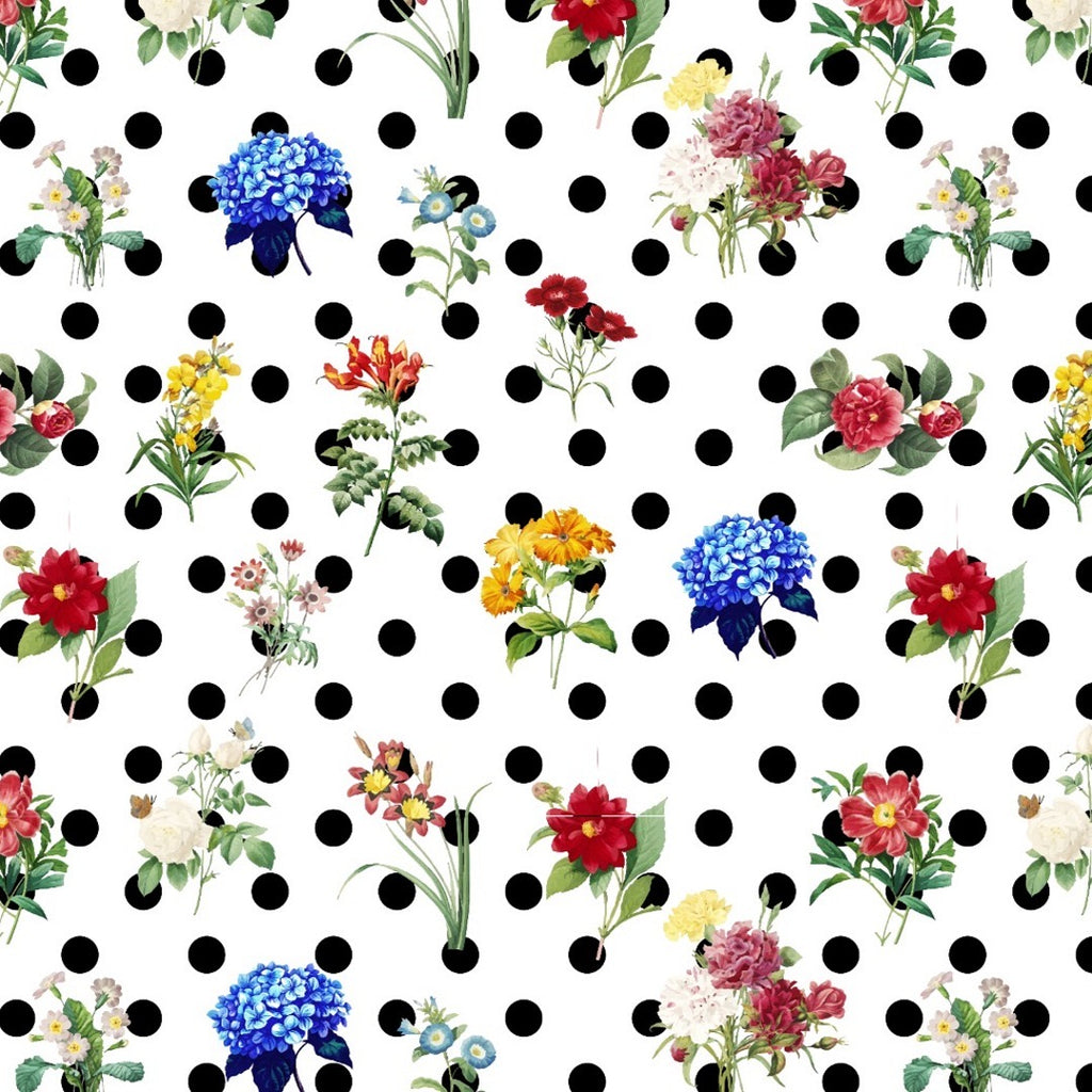 Floral Polka Dot Fusion Print Base White , Black Dots & Multi Color Flower on Georgette OM PS 396