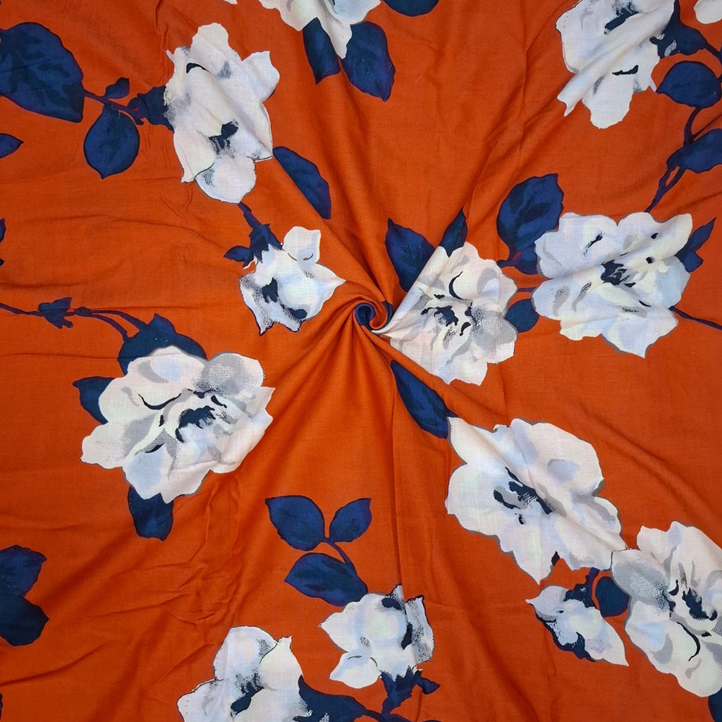 Rania Floral Print with Rust Orange Color Base with White Floral on Pure Glace Lawn Cotton OM PS 423 C1