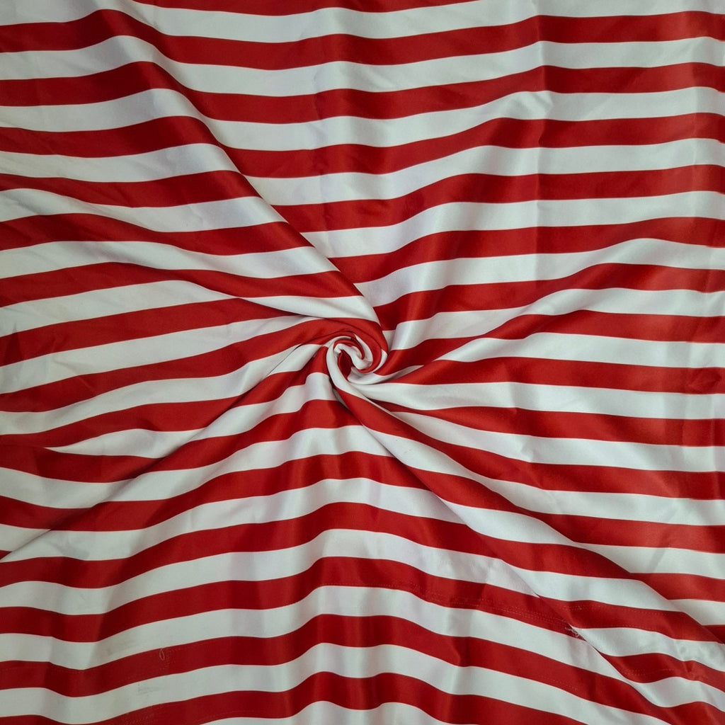 Airtel Red & White 1 Inches Stipes Print on Satin Whiteout fabric OM TK 323