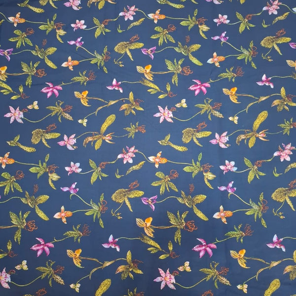 English Floral Print with Midnight Blue Base on Pure Cotton Poplin Fabric OM TK 192 C1