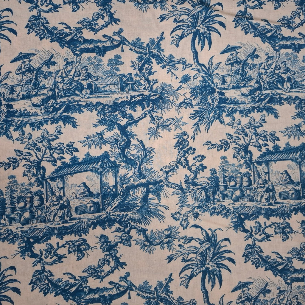 C Dior Tropical Print Pattern with Beige Base & Blue Colour Design on Pure Linen Cotton Fabric OM TK 559 C1
